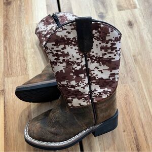 Old West Toddler Cowboy Boots Brown Leather & Camo – Size 5.5D